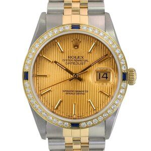 ROLEX DATEJUST CHAMPAGNE TAPESTRY DIAL DIAMOND-SAPPHIRE JUBILEE WATCH 16233